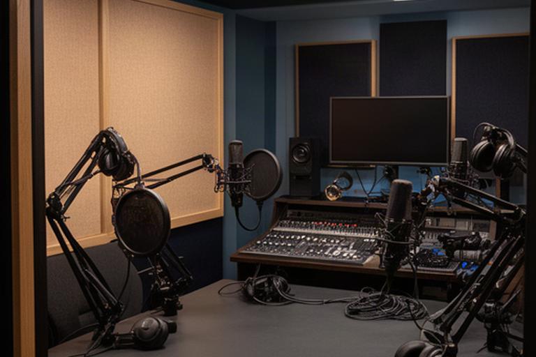 Cabina de grabación tratada acústicamente con cuatro micrófonos, mesa de control y auriculares de estudio