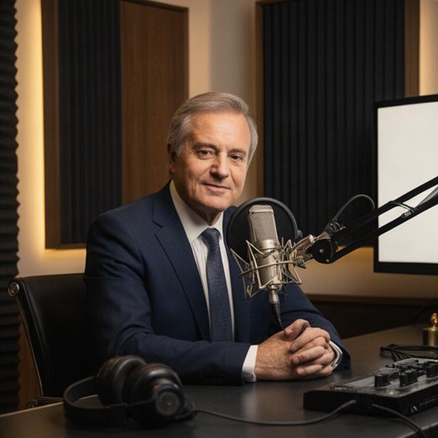 Socio director grabando un episodio de actualidad legal en una cabina profesional de podcast