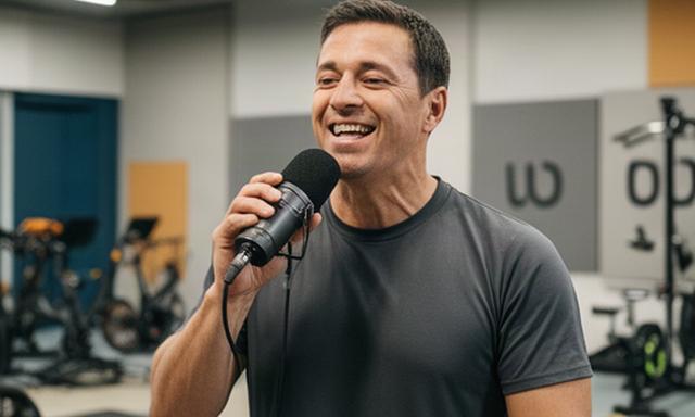 Persona hablando ante un micrófono en un espacio de entrenamiento moderno