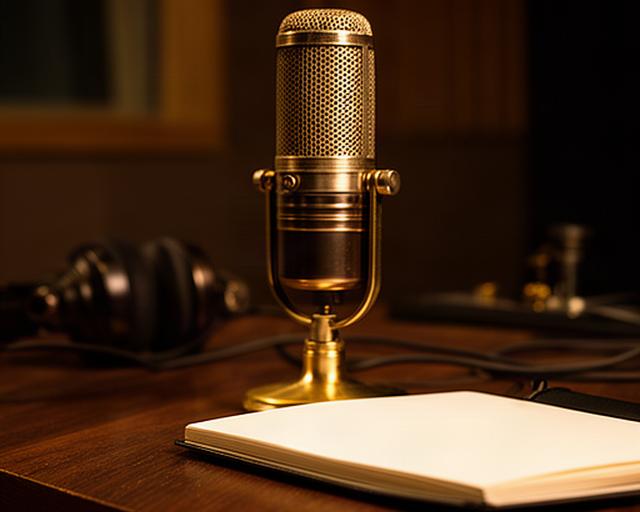 Micrófono vintage sobre una mesa de estudio junto a una libreta con guion y luz cálida